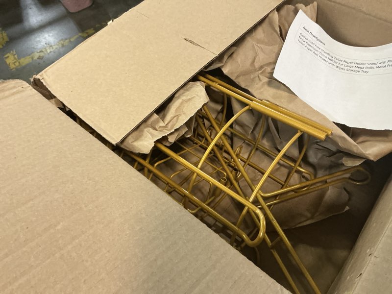 Condition photo showing Good Condition for Gold Free Standing Toilet Paper Holder Stand with Phone Shelf, Floor Bathroom Tissue Holder for Large Mega Rolls, Metal Freestanding Toilet Paper Roll Holder with Wipes Storage Tray