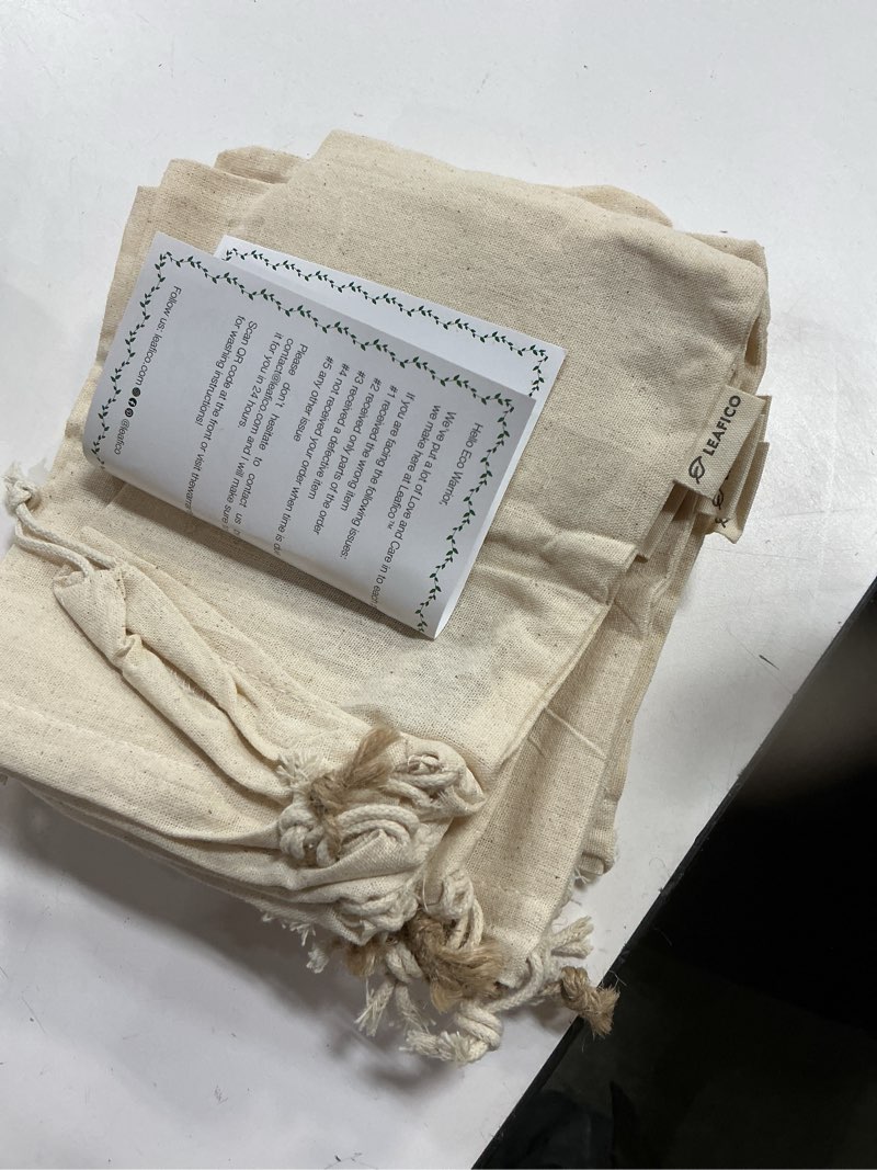 Condition photo showing Good Condition for LEAFICO Organic Cotton Reusable Produce Bags - Small 5x7 (12 Pack) - Biodegradable Eco-Friendly Bulk Bin Sacks for Food - Cloth Bags with Drawstrings - Linen Pouch for Fruit, Vegetable Storage Small 5x7" (12 Pack)