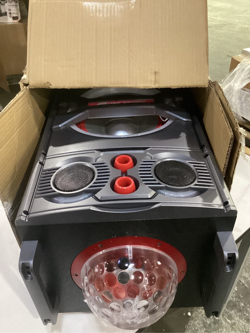 Condition photo showing As Is for not tested**** pyle portable bluetooth pa speaker system - 2000w active powered outdoor bluetooth speaker portable pa system w/ microphone in, party lights, usb sd card reader, aux/rca/fm radio, wheels - psufm1043bt
