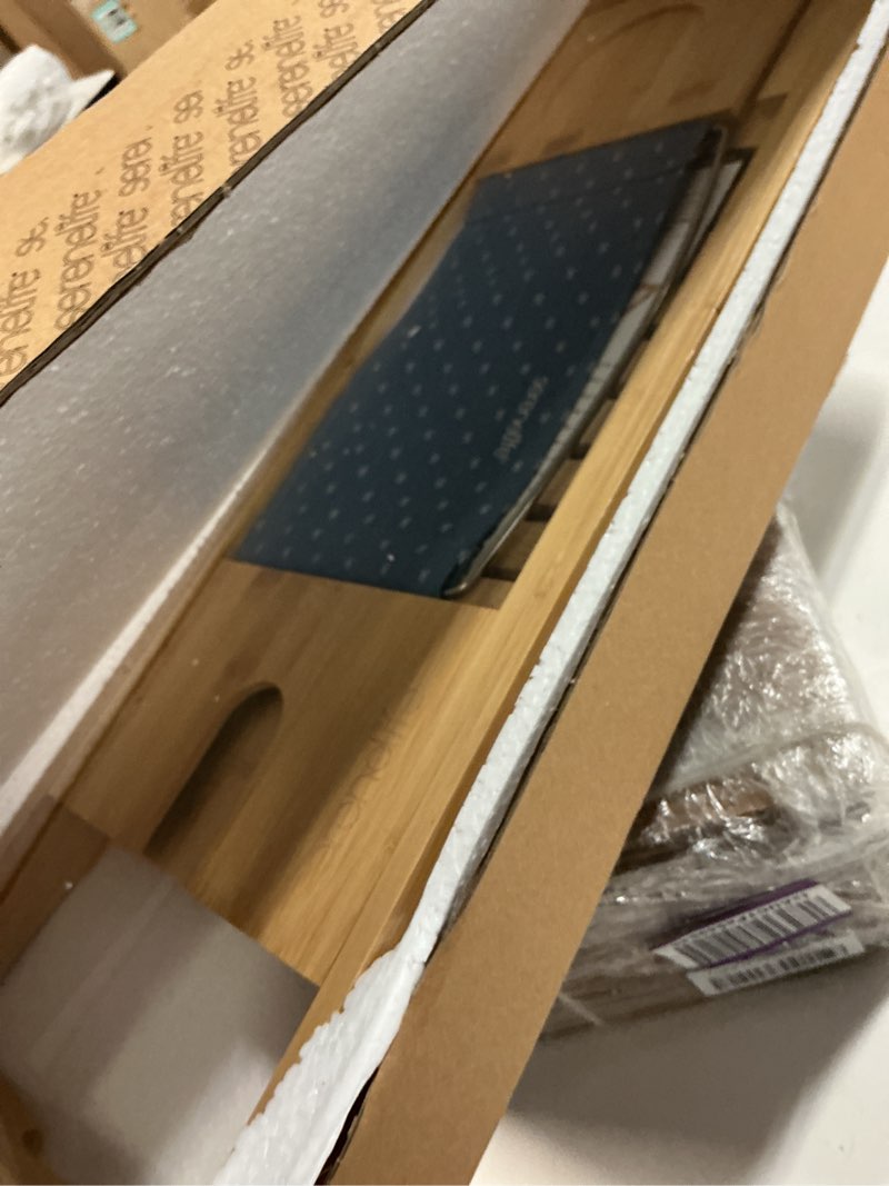 Condition photo showing Good Condition for serenelife premium bathtub tray caddy, expandable bath tray, unique house warming gifts, gift for mom, women, new home, wedding, anniversary, bridal shower, universal fit for all tub - natural natural 43"
