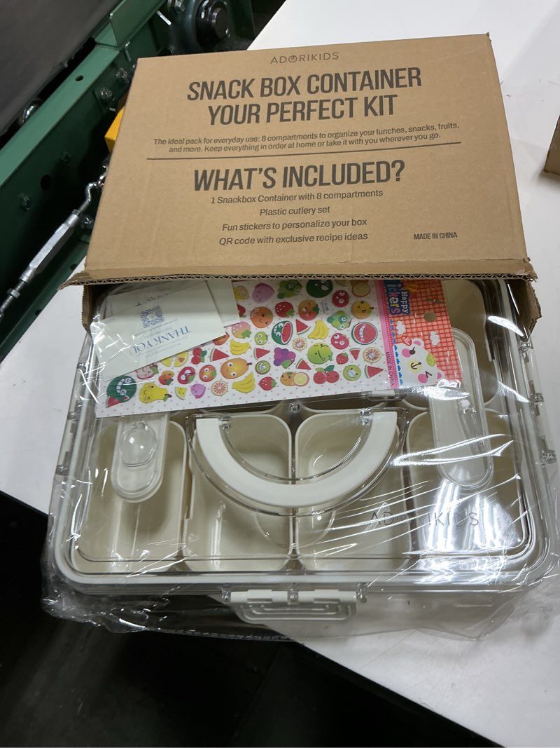 Condition photo showing New/Like New for travel snack container for kids – snackle box with 8 removable compartments, utensils and recipe qr – snack box for road trips, beach, picnic and school lunch