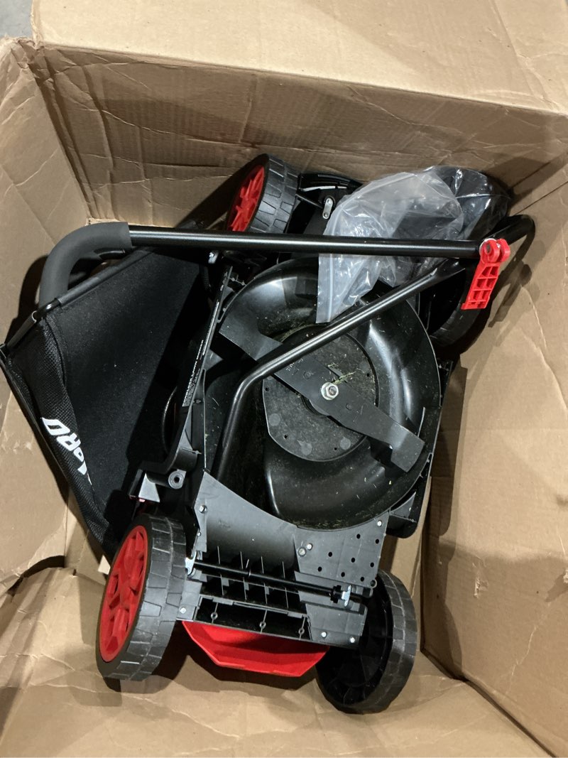 Condition photo showing As Is for heinpro 14" cordless lawn mower compatible with milwaukee m18 battery, 2-in-1 brushless electric lawn mower for small yards, push mowers with 5-position height adjustment, red (tool only)