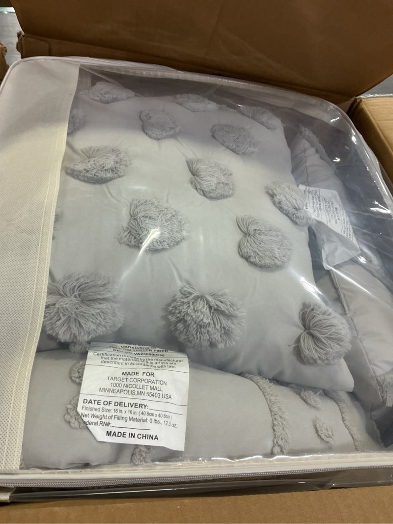 Condition photo showing New/Like New for 5pc full/queen clipped stripe poms comforter bedding set gray - threshold™
