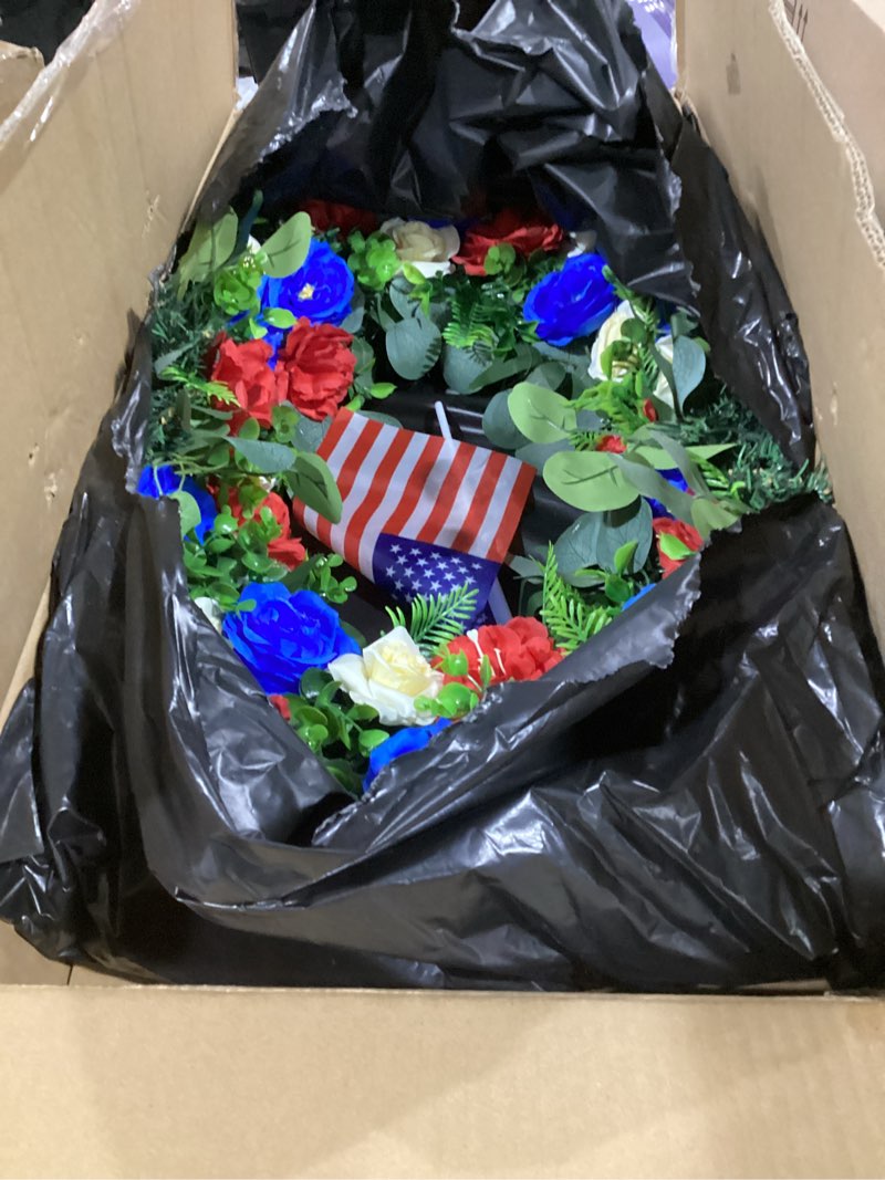 Condition photo showing Good Condition for crowye 2pcs memorial day 4th of july grave wreaths with stand set 23. 62in cemetery wreaths 30in easel patriotic gravestone headstone independence day decor(usa flag style)