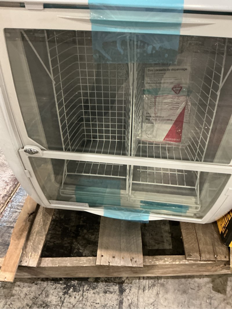 Condition photo showing As Is for frigidaire commercial chest freezer for ice cream and frozen foods, store displayer, glass top storage case, 4 cu. ft. bin, rolling caster wheels, adjustable temperature, energy efficient cooling 4 cu ft