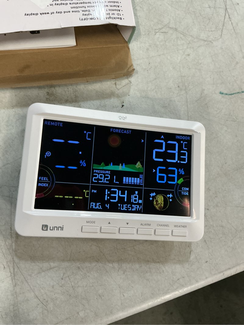 Condition photo showing Good Condition for weather station indoor outdoor thermometer wireless, home atomic clock with large constant display, inside outside temperature humidity monitor, dew heat point, barometer white