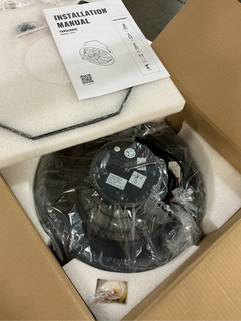 Condition photo showing New/Like New for Wall Mount Fan with Remote/App Control, 16" Quiet Wall Mounted Fan with Light, 3 Color Dimmable, 6 Speed, 1/2H Timer, 360° Adjustable Tilt Plug in Ceiling Fan for Garage, Home, Greenhouse, Patio