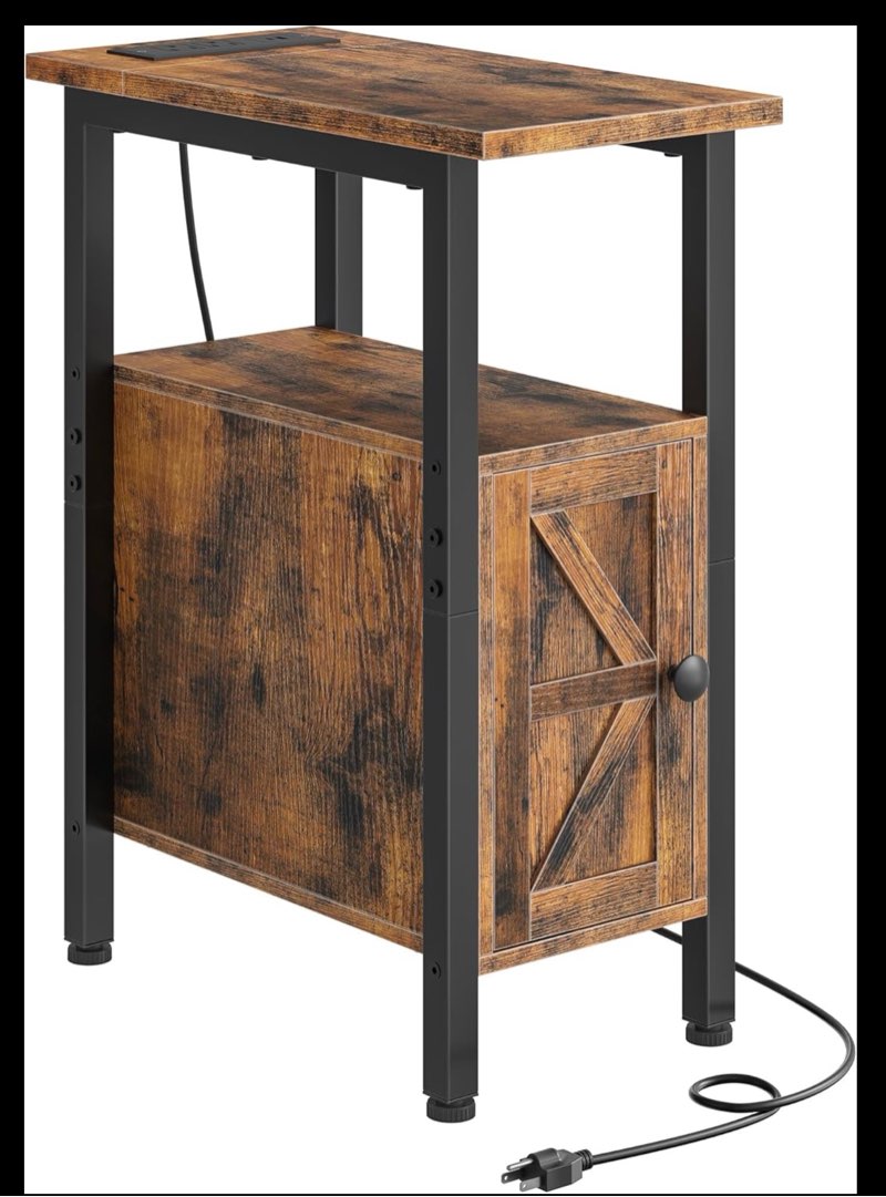 Farmhouse End Table, Narrow Side Table for Small Spaces, Slim Nightstand with Charging Station, with 2 AC Outlets, 1 USB and 1 Type-C Port, for Living Room, Bedroom, Rustic Brown TBZ08UBF Rustic Brown + Black