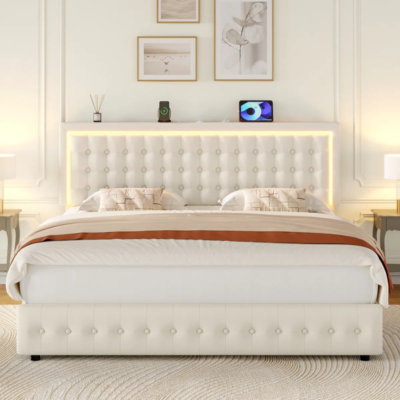Gamache LED Bed, Storage Platform Bed with USB Ports & Drawers, Adjustable Headboard, Velvet
