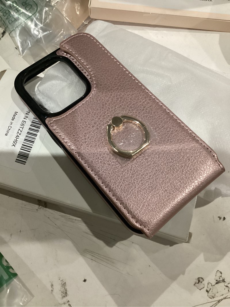 Condition photo showing Good Condition for folosu compatible with iphone 14 pro case wallet with card holder, 360°rotation finger ring holder kickstand, rfid blocking leather protective double buttons shockproof cover 6.1 inch rose gold iphone 14 pro rose gold