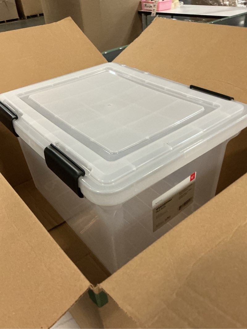 Condition photo showing Good Condition for iris usa file box weatherpro file organizer plastic file box for letter/legal file, water resistant document box, durable lid, seal w/secure latching buckles, stackable, nestable, clear 32 qt. 1 pack