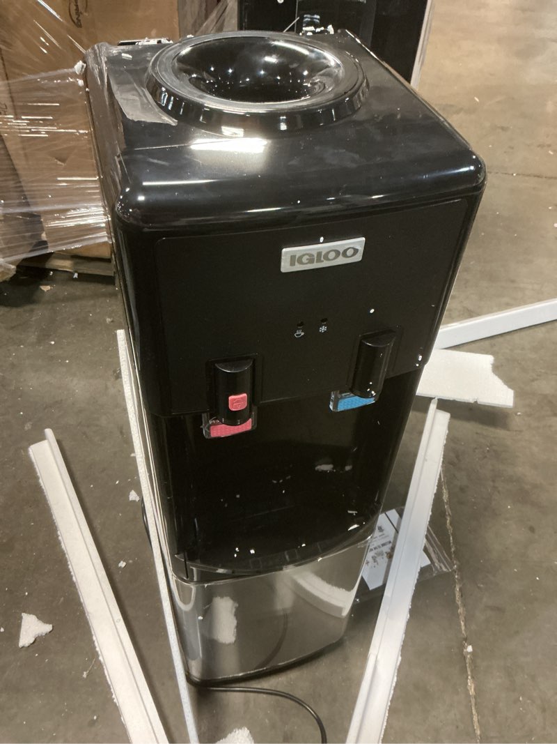 Condition photo showing As Is for Igloo Top Loading Water Cooler – Hot & Cold Dispenser – Black & Stainless Steel, Holds 3 & 5 Gallon Jugs, Child Safety Lock – for Homes, Kitchens, Offices, Dorms Stainless Top Load