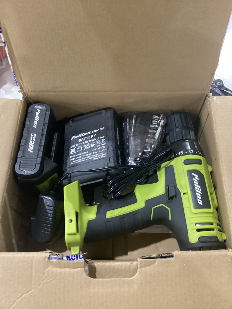 Condition photo showing As Is for PULITUO'S 20V Cordless Drill/Driver, Electric Screwdriver - 2 Batteries, 30Nm, 21+1 Torque, 2 Speed, Keyless 3/8" Chase Drill with LED Light, Kit for Home (Green) 20V Drill (green)- double