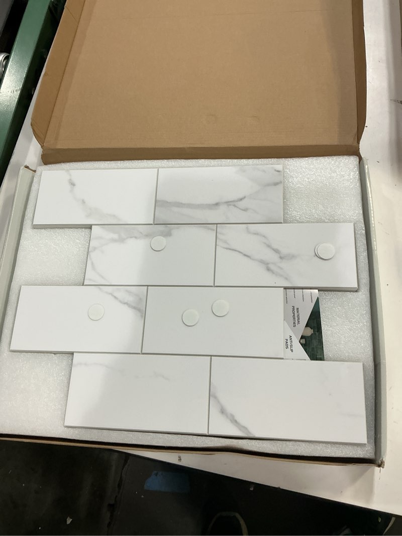 Condition photo showing Good Condition for colamo luxury 10-sheet peel and stick backsplash,self adhesive faux stone 12”x12” white subway tile for kitchen,glossy waterproof carrara brick marble look,stick on accent wall for bathroom,bedroom