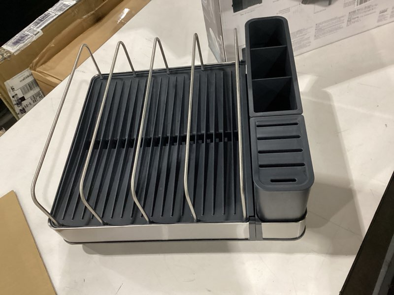 Condition photo showing Good Condition for joseph joseph extend max steel expanding dish drying rack, high capacity for large items, cutlery and knife holder, swivel draining spout, stainless steel max gray