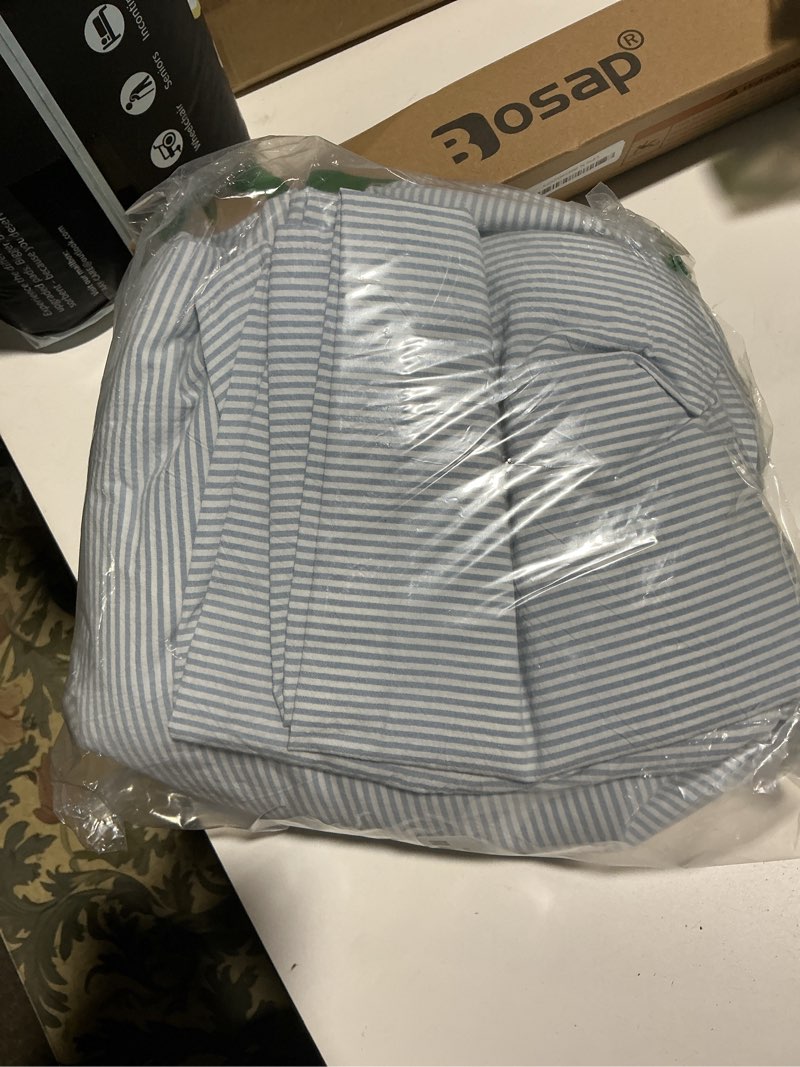 Condition photo showing As Is for MooMee Striped Duvet Cover Set 100% Washed Cotton Linen Like Textured Breathable Durable Soft Comfy (Cornflower Blue White Pinstripes, King 104"x90") Pinstripes - Cornflower Blue/ White (No Comforter) King (104"x90")