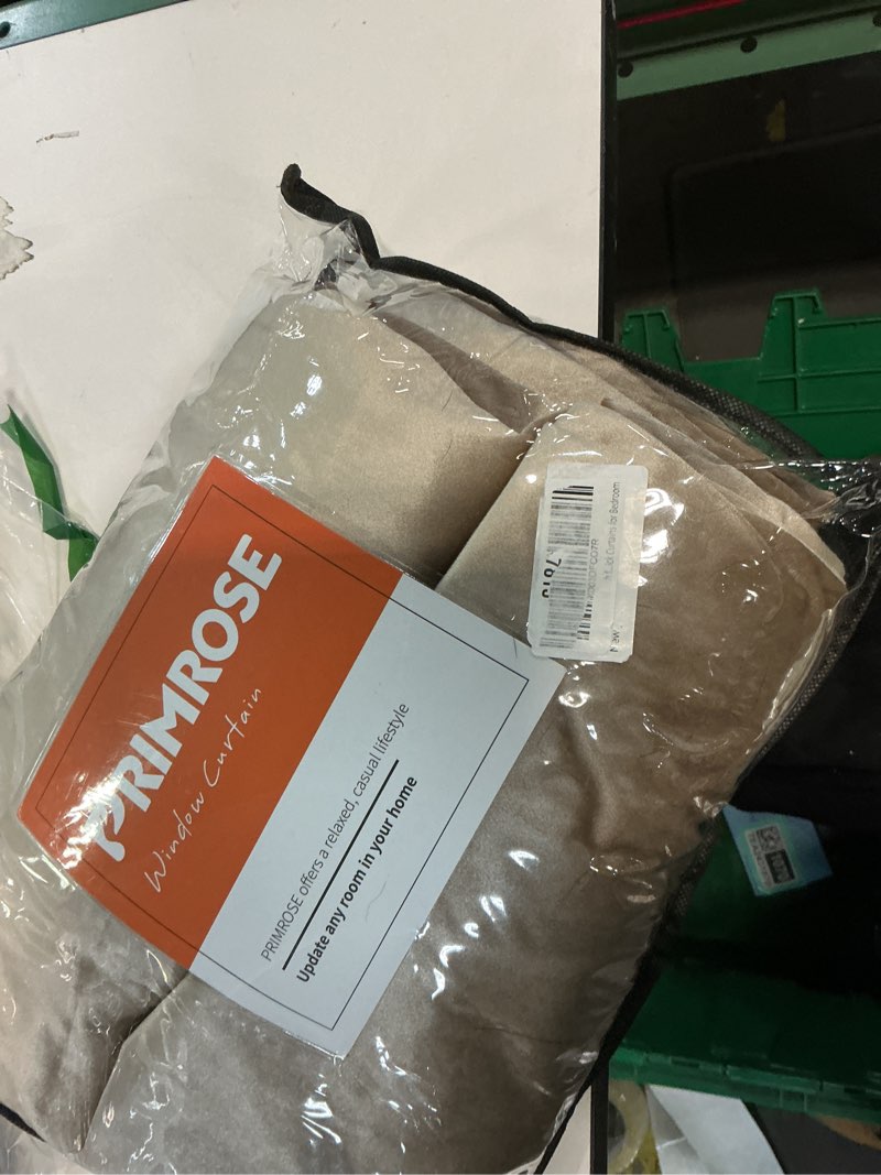 Condition photo showing New/Like New for PRIMROSE Taupe Curtains 96 inch for Living Room,2 Panels Velvet Drapes Blackout Rod Pocket Back Tab Window Treatment Room Darkening Decorative Thick Curtains for Bedroom Taupe 52"W x 96"L (Pack of 2)