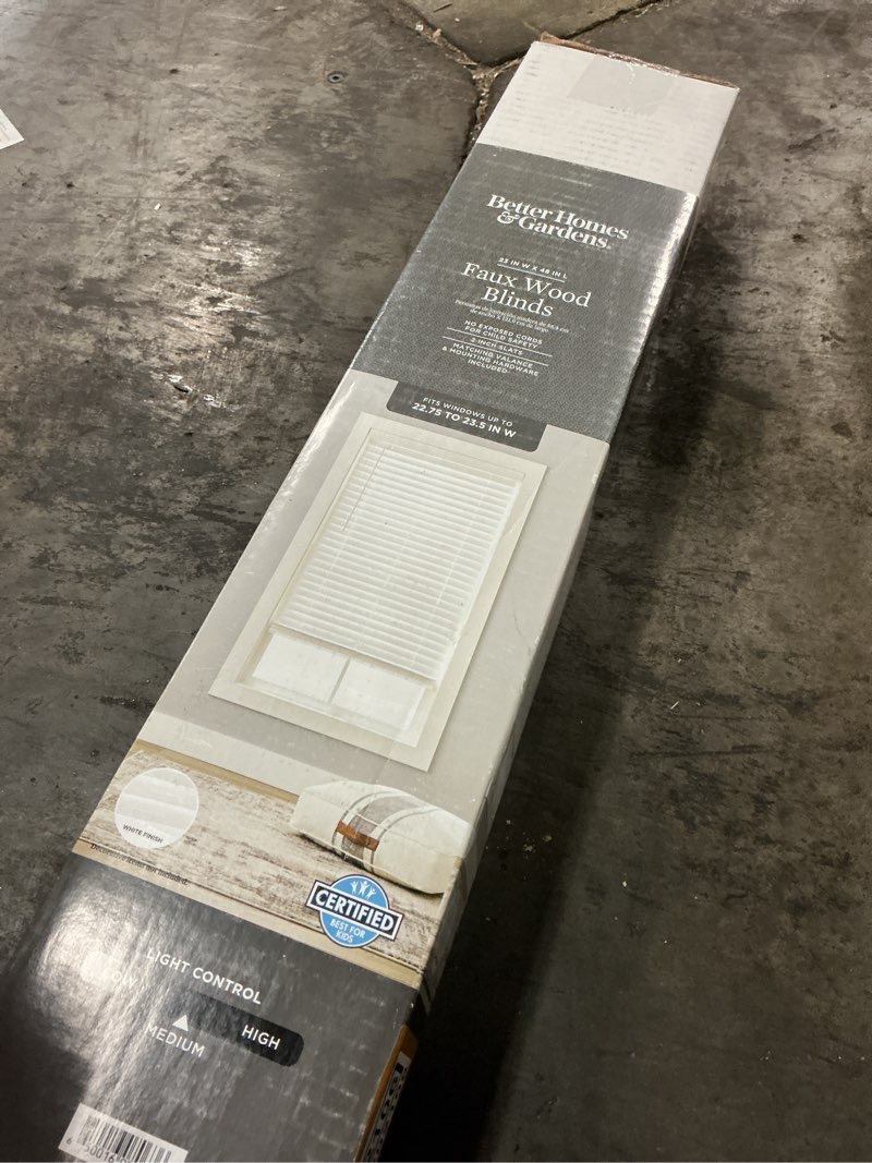 Condition photo showing As Is for better homes & gardens 2" cordless faux wood horizontal blinds, white, 23x48