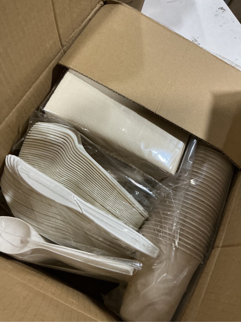 Condition photo showing Good Condition for 350pcs compostable paper plates and napkins cups 10 & 7 inch disposable heavy duty dinner dessert sturdy plates and utensils (serve 50) party supplies eco-friendly dinnerware set for birthday holiday 350 pcs nature