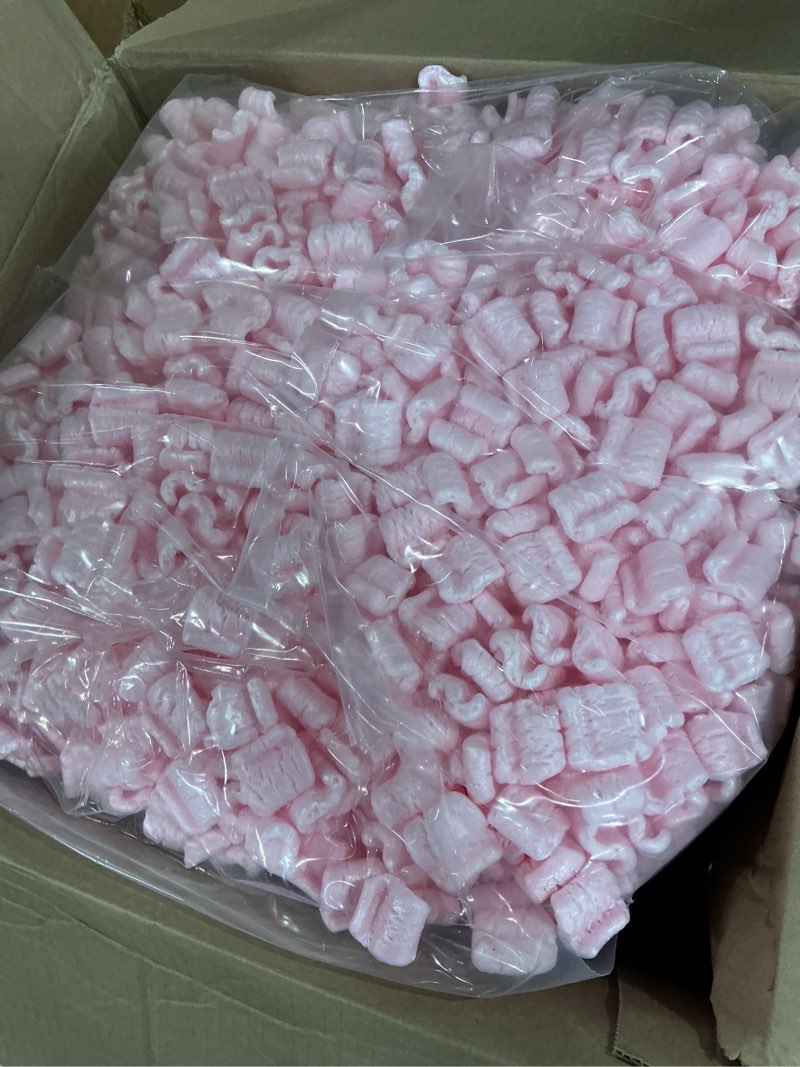 Condition photo showing New/Like New for bubblefast! brand 3.5 cu. ft. (22.5 gallons) pink anti-static packing peanuts popcorn made from 100% recycled material