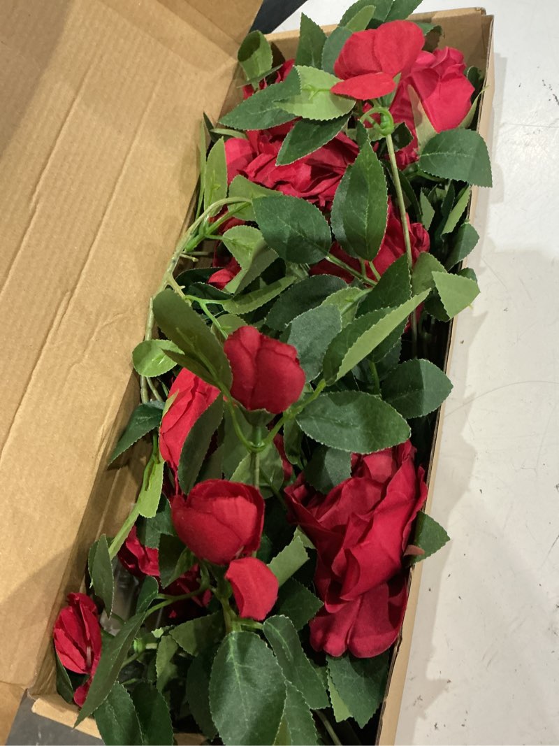 Condition photo showing Good Condition for 6ft red rose garland with led string lights, bendable artificial flower garland silk rose vines for valentine weding home backdrop wall room decoration(red)