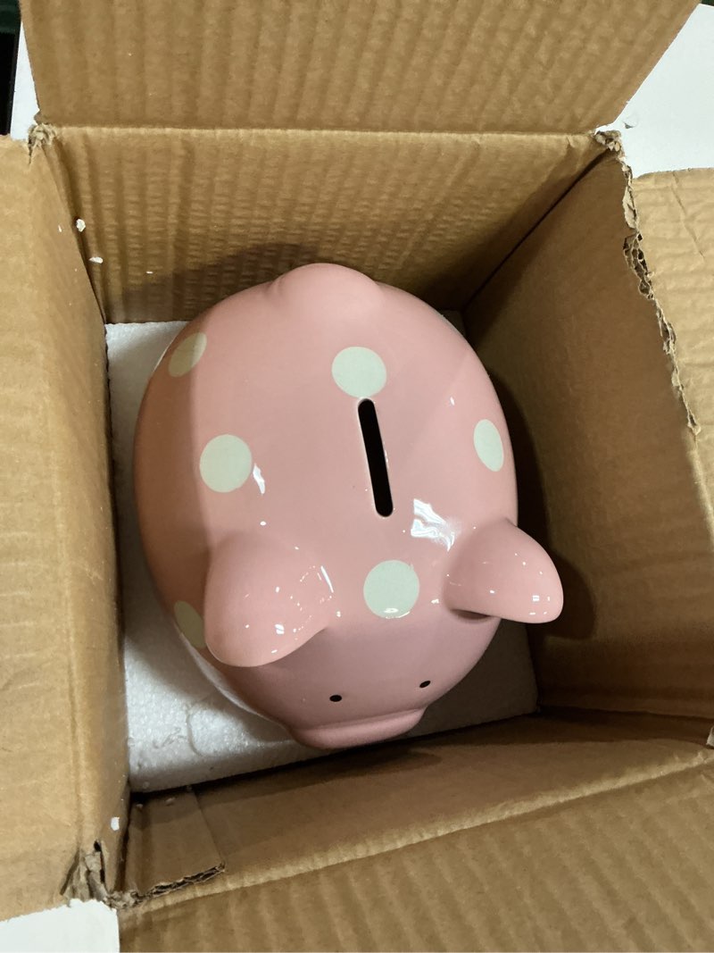 Condition photo showing Good Condition for Pearhead Large Ceramic Piggy Bank, Pink Polka Dots, Ideal for Boys and Girls, Kids Money and Coin Bank, Perfect Baby Girl Nursery Décor, Gift and Newborn Keepsake