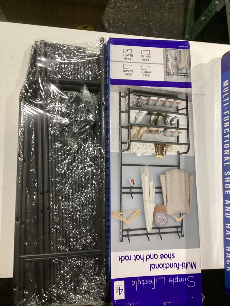 Condition photo showing New/Like New for shoe rack shoe storage shelf freestanding with 8 hooks for entryway bedroom closet 4 tier, black
