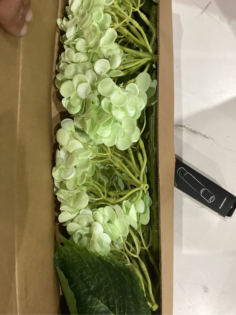 Condition photo showing As Is for waipfaru 21" real touch hydrangea artificial flowers with long stem & leaves, full latex faux hydrangea flowers for home decor party floral arrangements wedding bouquets centerpieces, green 3pcs