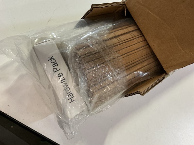 Condition photo showing Good Condition for seeye cordless bamboo roman shades, blackout natural bamboo blinds for indoor windows, roll up blind privacy shade for home, office, door, uv resistant & easy to install, 33" w x 64" h, carbonized privacy - carbonized 33"w x 64"h