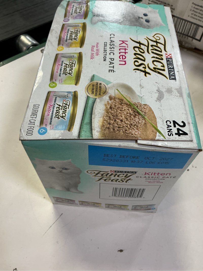 Condition photo showing New/Like New for (Best Best Oct/2027) Purina Fancy Feast Tender Ocean Whitefish, Turkey, Chicken and Salmon Feasts Wet Kitten Food Variety Pack - (Pack of 24) 3 oz. Boxes