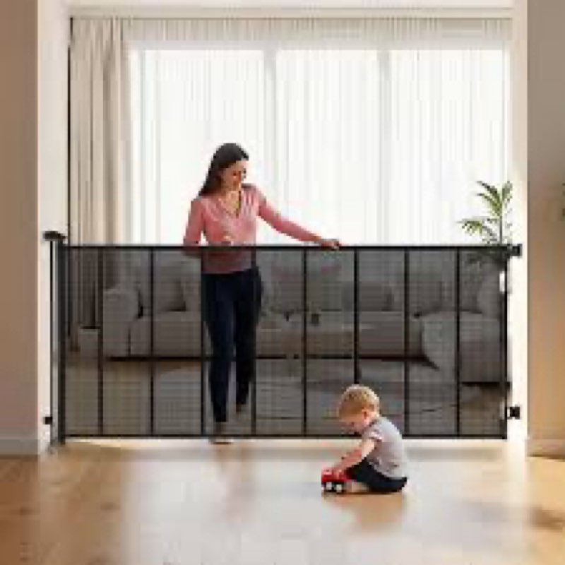vevor retractable baby gate, extends to 202.7 inch extra wide, 39 inch tall, with reinforced fiberglass strips, avoids crawling through, mesh dog gate for decks, doorways, garages, indoor, black