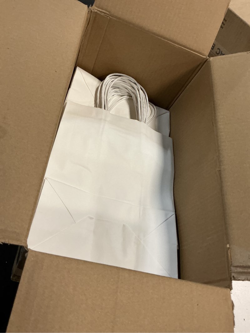 Condition photo showing As Is for bag box 100 pack 8.25x4.3x10.6 inch white gift bags with handles,bulk kraft paper bags for shopping, retail, merchandise, wedding, party favors, paper grocery sacks white 8.25 * 4.3 * 10.6 inch?pack of 100?