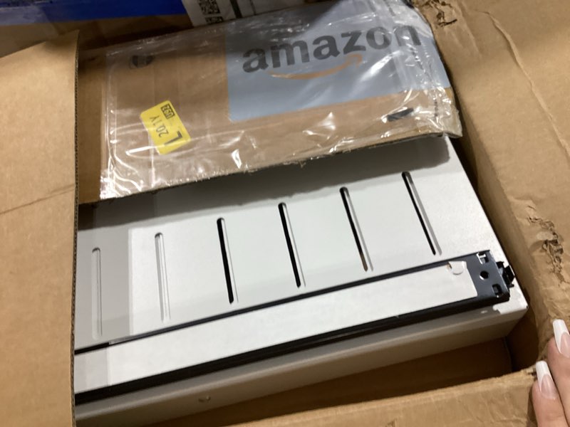 Condition photo showing As Is for 2 pack pull out cabinet organizer, width (12"-19") depth (17"-23"), with 3 rails adjustable slide, expandable pullout drawers for cabinets, no drill adhesive kitchen drawers for pantry shelves #1 white 2 pack 12"-19"w x 17"-23"d (2pack)