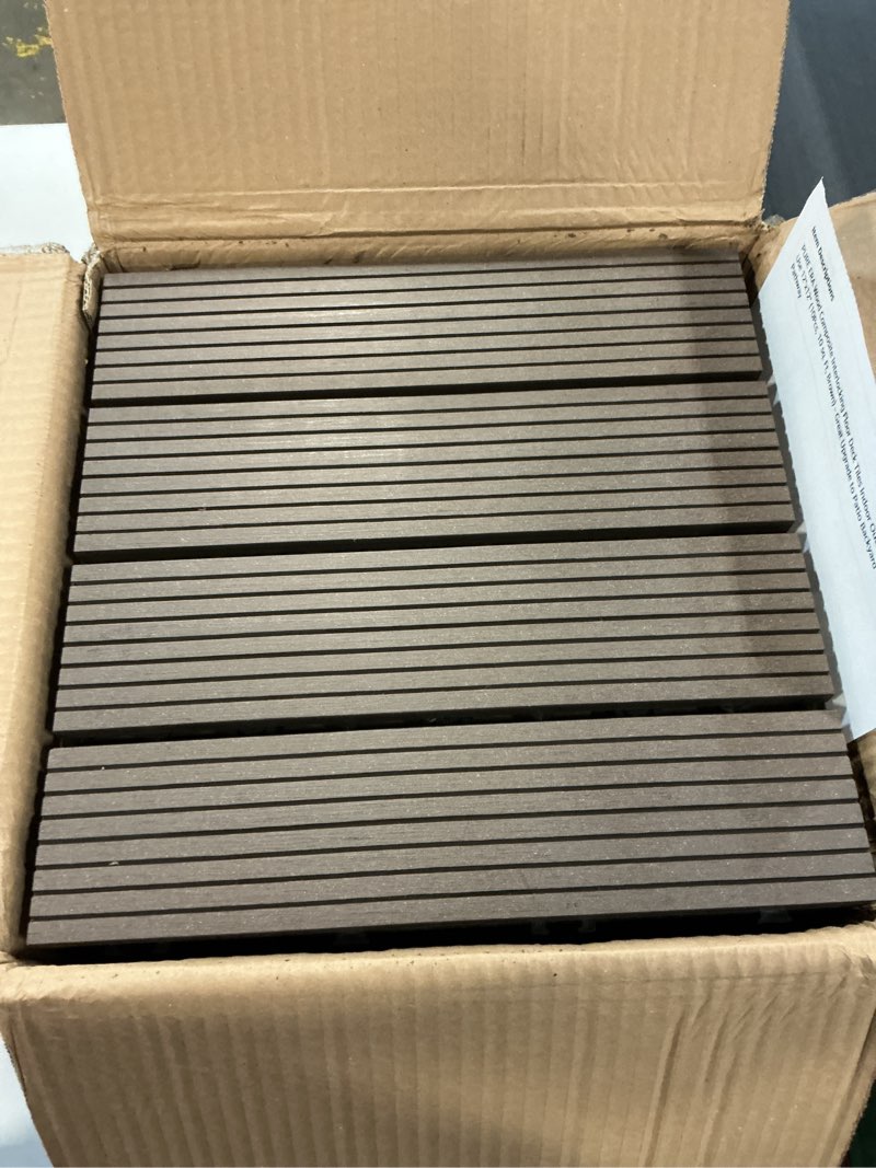Condition photo showing New/Like New for pure era wood composite interlocking floor deck tiles indoor outdoor use 12"x12" (10pcs, 10 sq. ft, brown) - great upgrade to patio backyard pathway