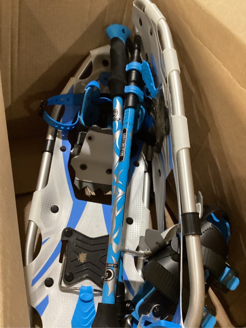 Condition photo showing As Is for G2 21/25/30/36 Inches Light Weight Snowshoes with Toe Box, EVA Padded Ratchet Binding, Heel Lift, Flexible Pivot Bar, Durable Back Strap, Trekking Poles, Carrying Bag, Snow Baskets(6 colors available) Blue 25"(Up to 200lbs)