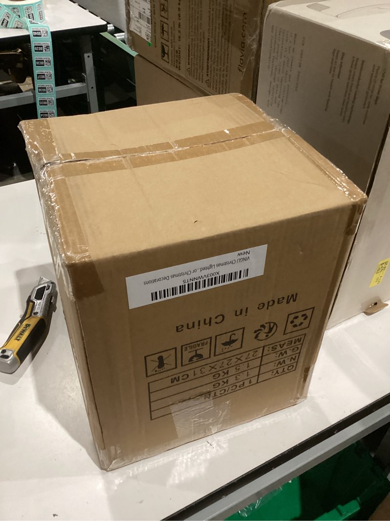 Condition photo showing As Is for VINGLI Christmas Lighted Gift Boxes Set of 3 with Plug, Weather Proof Nestable Present Boxes Ornament Home Decor Pre-lit 60 LED Lights Pre-Secured Bowknot for Indoor or Outdoor Christmas Decorations Golden