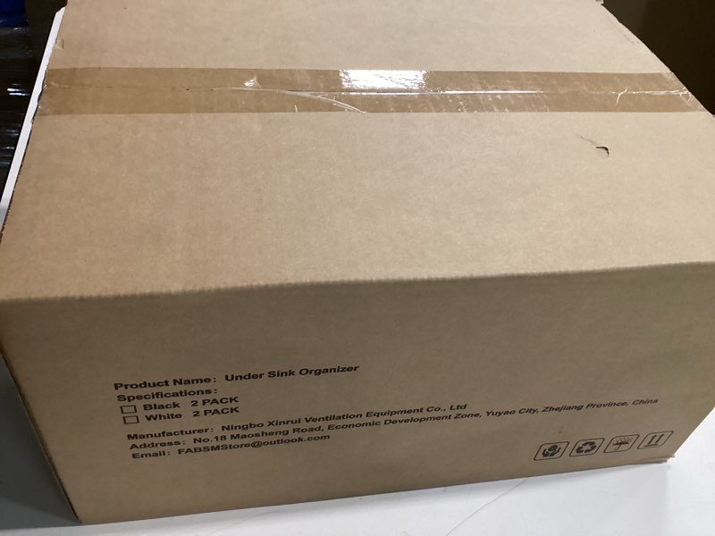 Condition photo showing New/Like New for Under Sink Organizer, 2 Packs Height Adjustable Under Sink Storage, Pull Out Cabinet Storage Shelves, Slide Out Drawer for Kitchen Bathroom Pantry. (Black, 2 Pack)