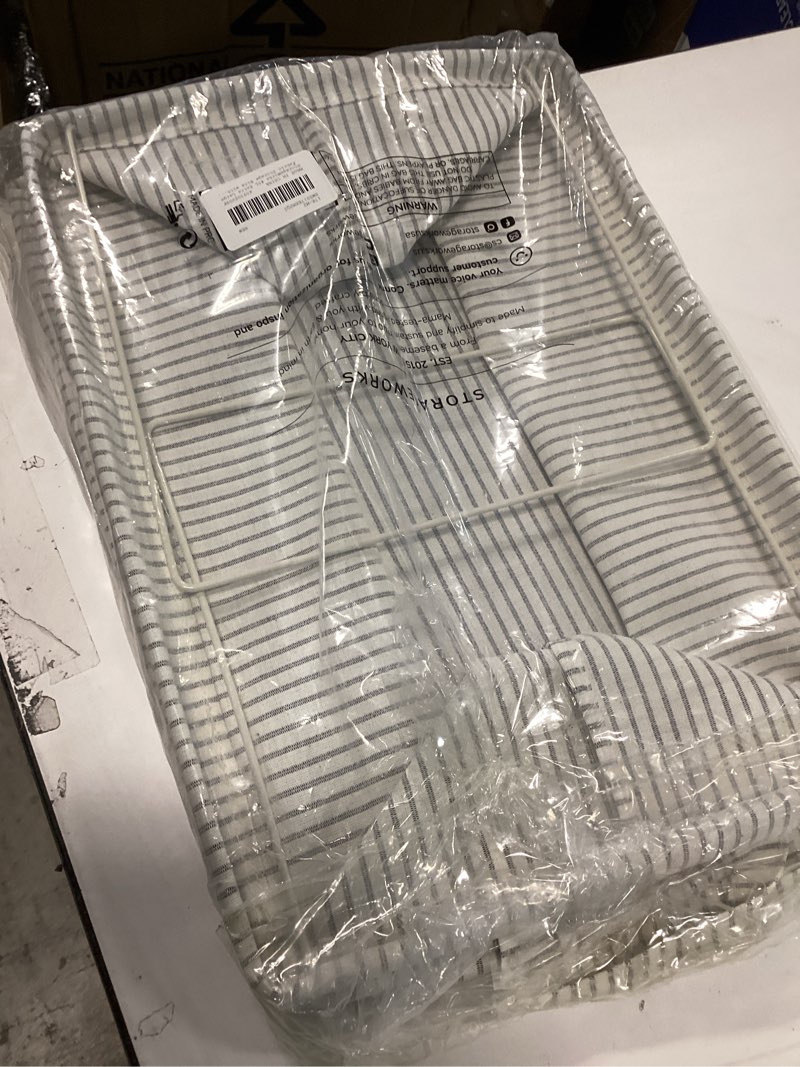 Condition photo showing Good Condition for StorageWorks Storage Bins, Fabric Storage Bins for Shelves, Extra Large Storage Baskets with Metal Frame, Closet Baskets and Bins with Handles, Jumbo, Gray and White Stripes, 2-Pack Khaki and Beige Stripes 19" L x 13 ¼" W x 11" H