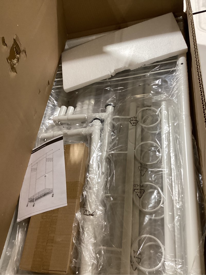 Condition photo showing Good Condition for heavy duty clothes rack load 960lbs, three rods rolling clothing racks for hanging clothes, rolling garment rack with sturdy wheels shelves hooks, portable & adjustable commercial garment rack, white white 20.0" x 60.6" x 69.0"(3 rods)