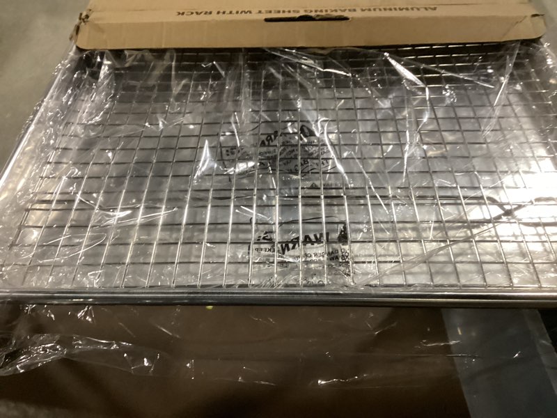 Condition photo showing New/Like New for 24 inch baking sheet pans with rack set, natural aluminum cookie sheet, extra large commercial quality baking sheet pan set, warp resistant nonstick thick cookie tray pans for baking, roasting