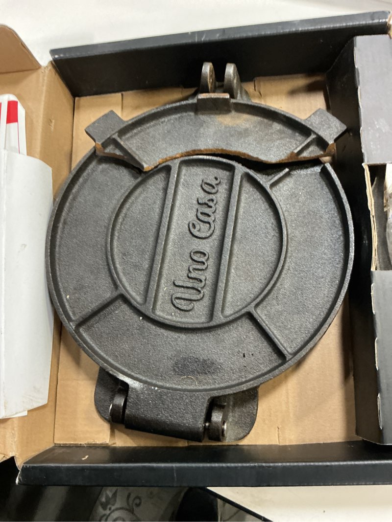 Condition photo showing As Is for Uno Casa Cast Iron Tortilla Press 8 Inch - Tortilla Maker Press, Pre-Seasoned Roti Maker with 100 Pcs Parchment Paper - Heavy Duty Quesadilla Maker for Homemade Flatbreads, Rotis, Empanadas