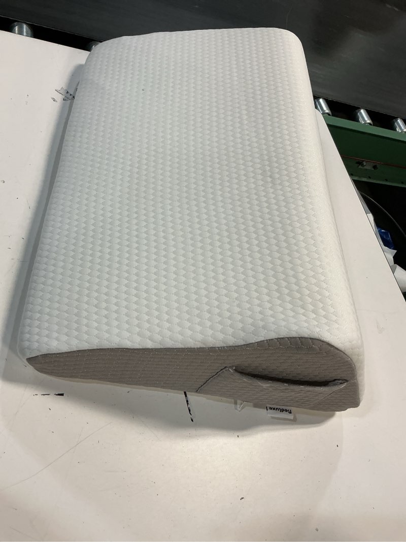 Condition photo showing Good Condition for bedluxe knee pillow for back sleeping, leg pillow knee wedge pillow, memory foam wedge pillows for legs post surgery, triangle pillow for knee support, leg elevation, knees hip back pain relief, white 23.6*18.9*7.9 inch white/grey