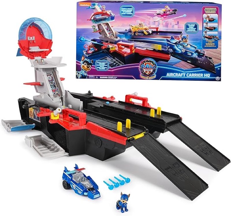 paw patrol: the mighty movie, aircraft carrier hq, with chase action figure and mighty pups cruiser, kids toys for boys & girls 3+