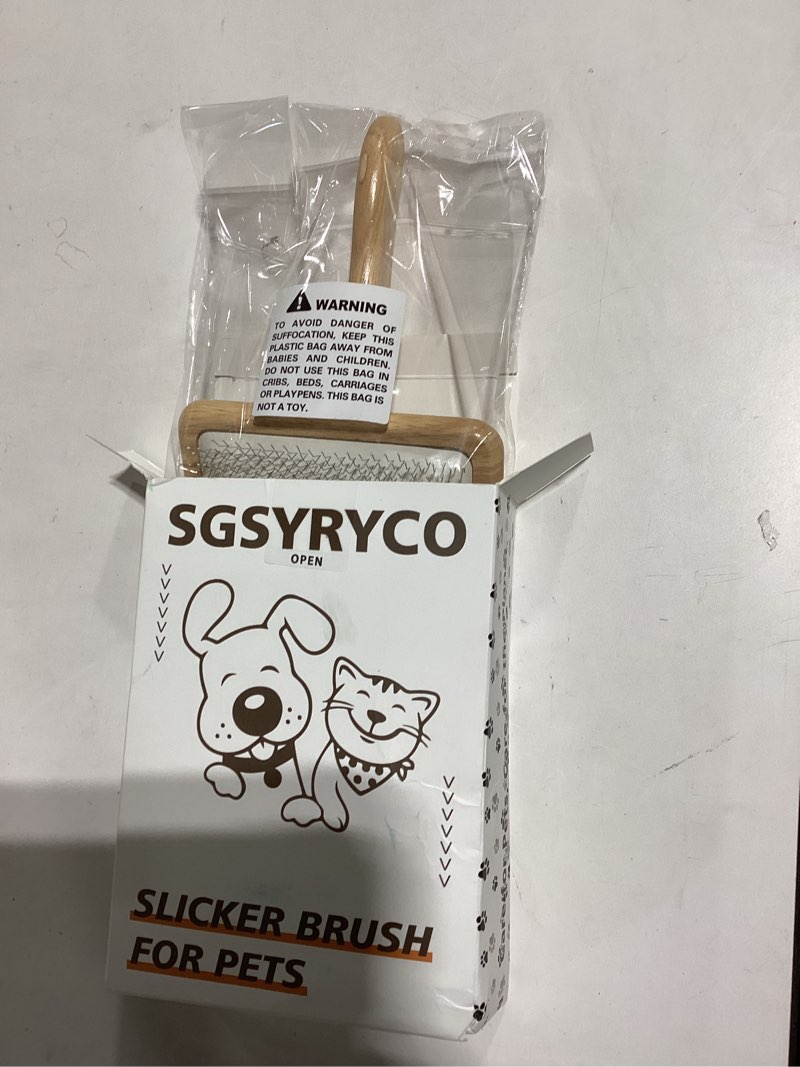 Condition photo showing New/Like New for slicker brush for dogs and cats, grooming brush for long & short hair dogs - gently reduce shedding, remove loose hair, tangles & mats, with coated bristles, ergonomic handle wood