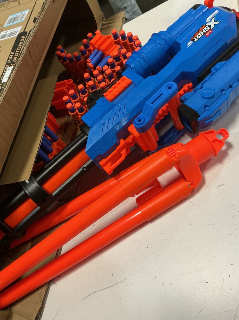 Condition photo showing Good Condition for x-shot insanity motorized rage fire by zuru 72 darts, air pocket technology darts, dart storage, blasting power, auto feeding belt, tripod & scope, outdoor toy for boys, girls, teens, adults