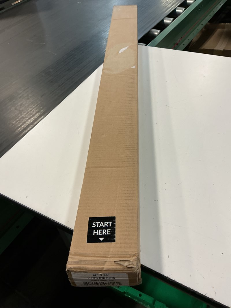 Condition photo showing New/Like New for chicology cordless mini blinds for indoor windows, 42" w x 48" h, white vinyl 1" slats with tilt wand, light filtering to room darkening, moisture-resistant, child-safe, screw-mount installation 42"w x 48"h white (commercial grade)