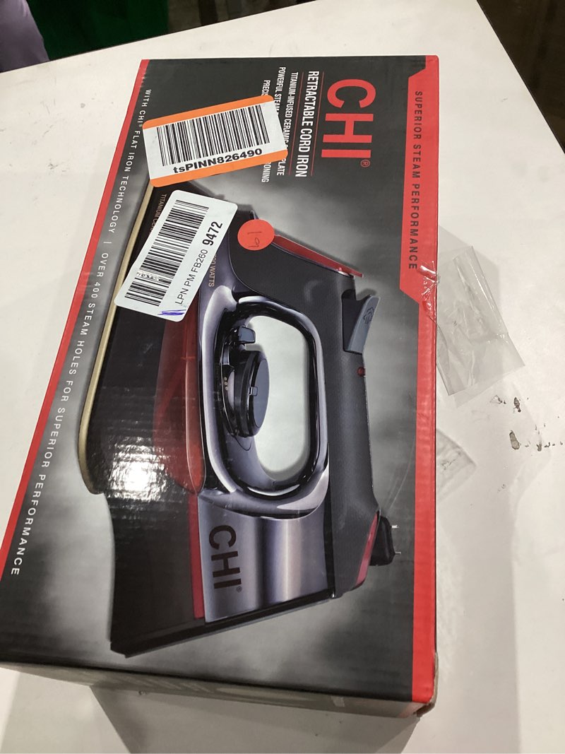 Condition photo showing As Is for CHI Steam Iron for Clothes with 8’ Retractable Cord, 1700 Watts, 3-Way Auto Shutoff, 400+ Holes, Professional Grade, Temperature Control Dial, Titanium Infused Ceramic Soleplate, Black/Chrome (13109) 1700 Watts Titanium-Infused Ceramic Plate, Black/Chrome