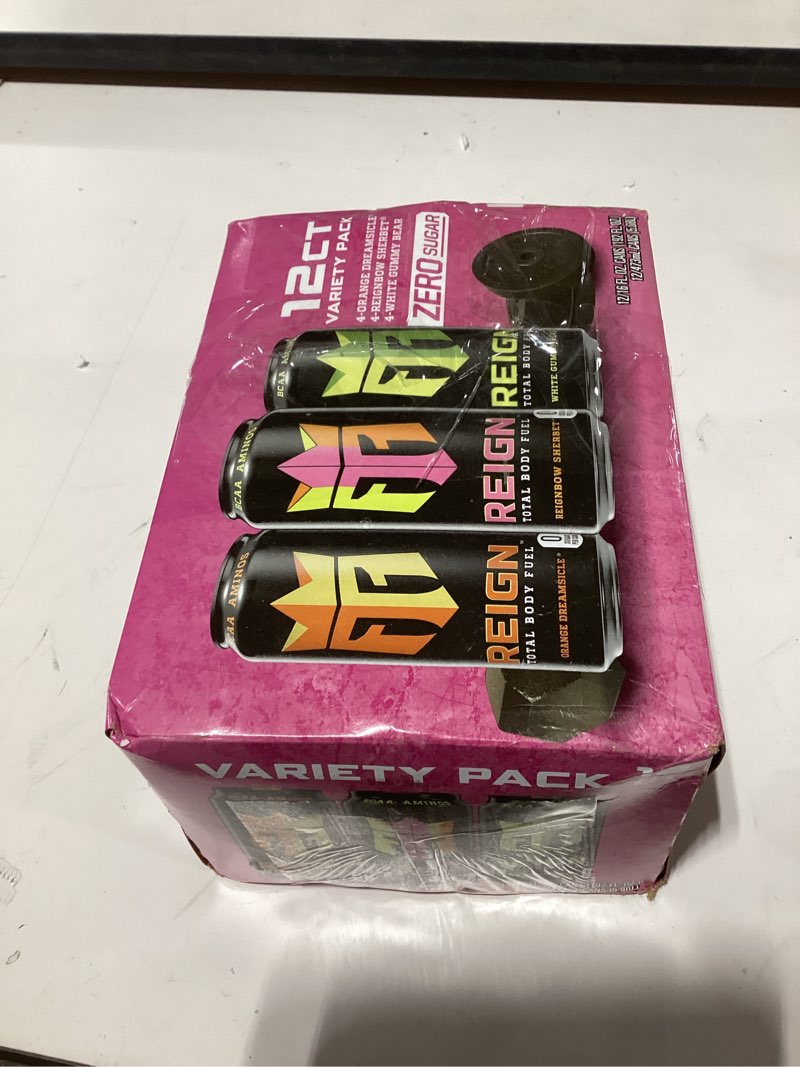 Condition photo showing As Is for REIGN Total Body Fuel Variety Pack, Reign Orange Dreamsicle, Reign Reignbow Sherbet, Reign White Gummy Bear, Fitness & Performance Drink, 16 Fl Oz (Pack of 12)