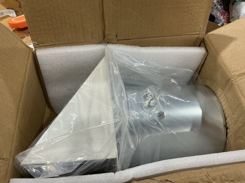 Condition photo showing Good Condition for 7 inch hooded wall vent with mesh and damper, 7'' exhaust vent cover cap for kitchen range hood/dryer/laundry/bathroom exhaust fan,outside wall vent hood exterior duct vent cap-galvanized steel,black 7 inch black