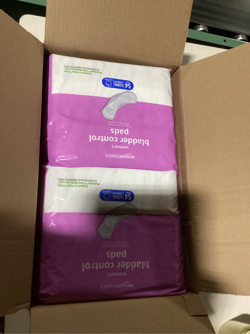 Condition photo showing New/Like New for Amazon Basics Incontinence Pads for Women Long, Bladder Control, Postpartum, Moderate Absorbency, Unscented, 108 Count (2 Packs of 54) Moderate (108 Count) 108.0